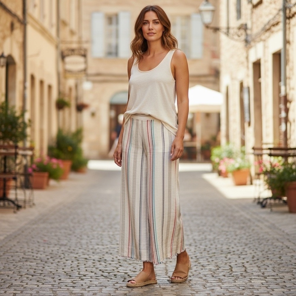 Cloth & Stone Stripe‎ Linen Cropped Wide Leg Pants Large